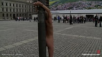 Naked blonde babe Diana Pink is gagged and bound in public for onlookers then gang bang fucked by big dicked men in different places